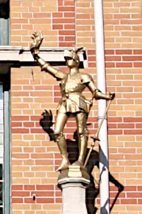 Brabo sculpture on the facade of Cogels-Osylei 1, Antwerp